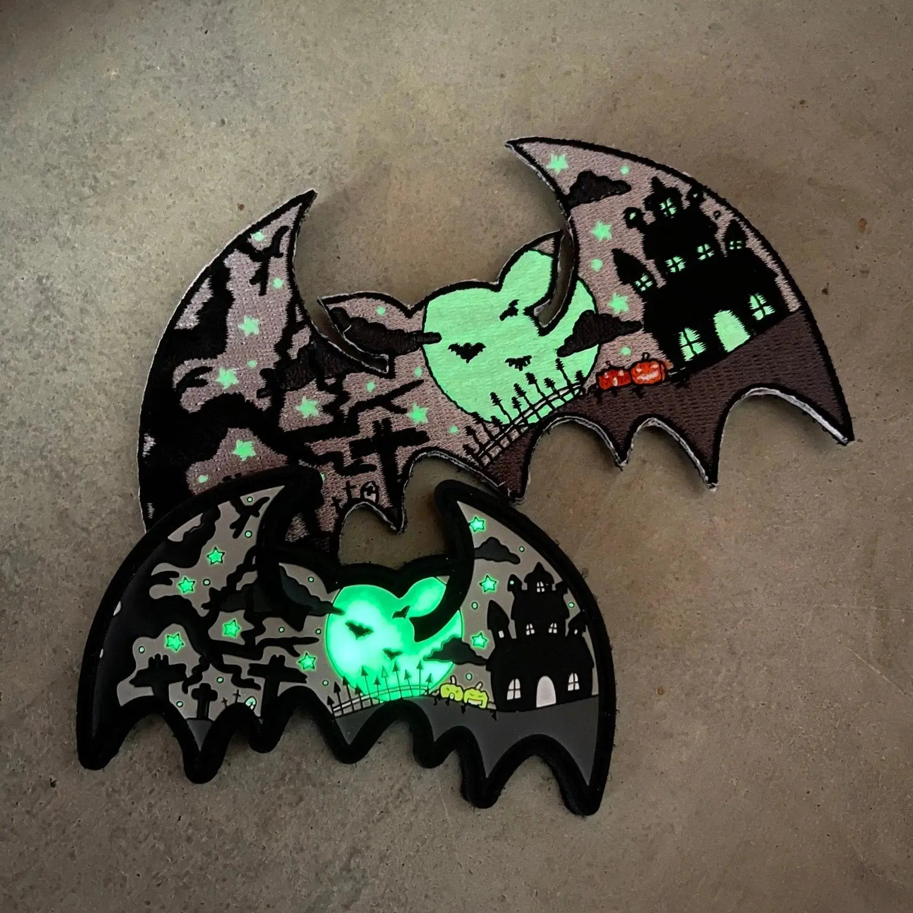 Halloween Ghost and Bat Glow in the Dark Patches Lot of 2 Cute